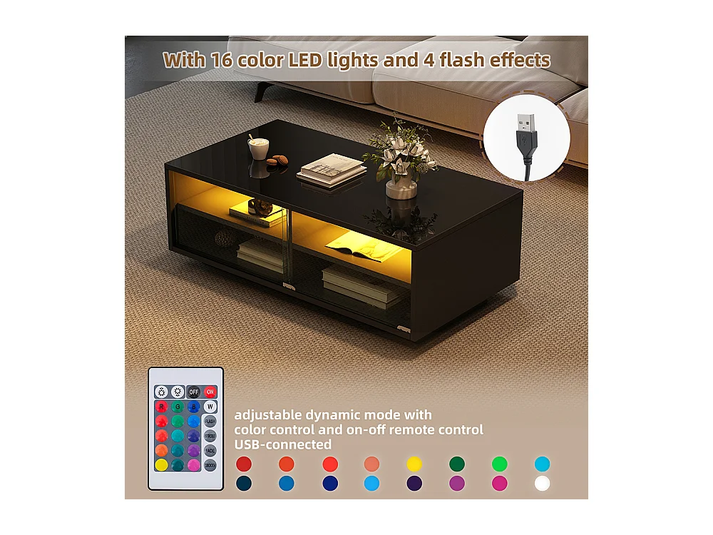 Table basse LED 94x50x34 cm noir brillante verre trempé 2 tiroirs porte vitrée charge 30 kg