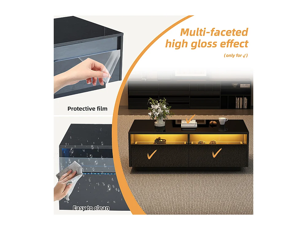 Table basse LED 94x50x34 cm noir brillante verre trempé 2 tiroirs porte vitrée charge 30 kg