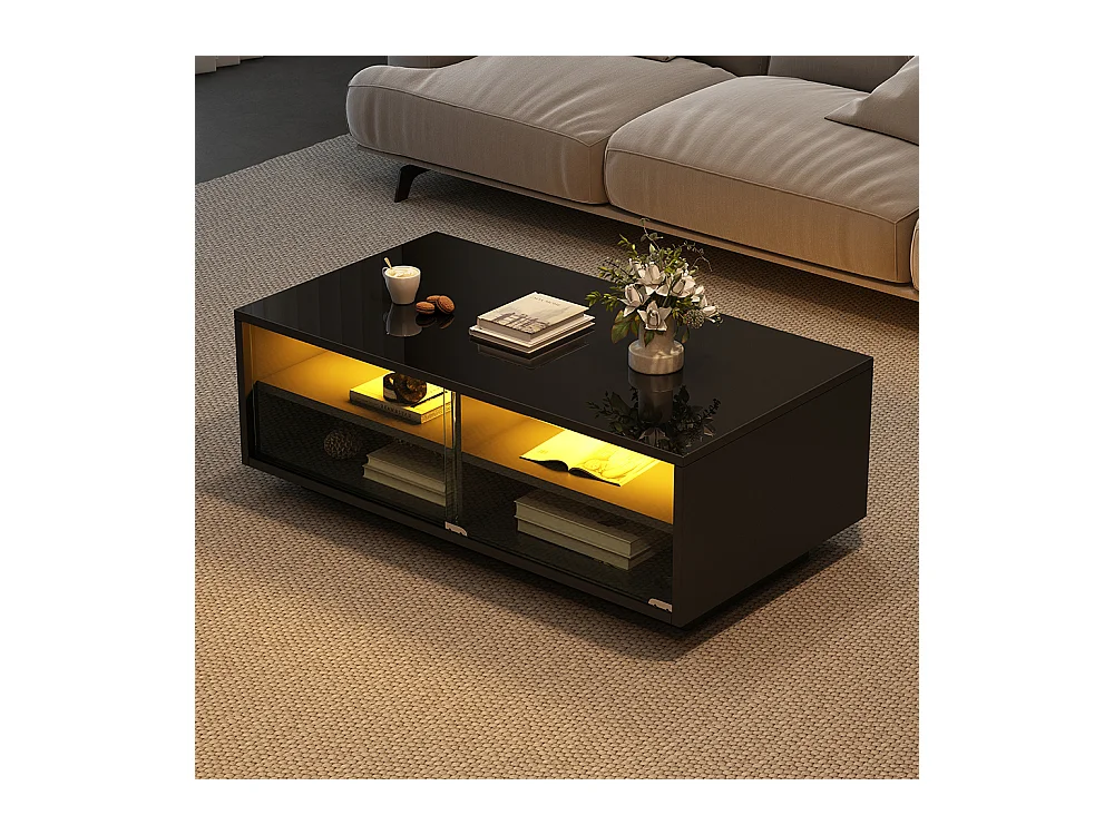 Table basse LED 94x50x34 cm noir brillante verre trempé 2 tiroirs porte vitrée charge 30 kg