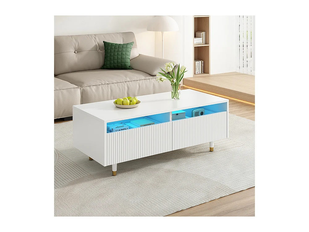Table basse moderne LED plateau tiroirs ondulé pieds blanc doré 2 tiroirs bande lumineuse couleur variable blanc
