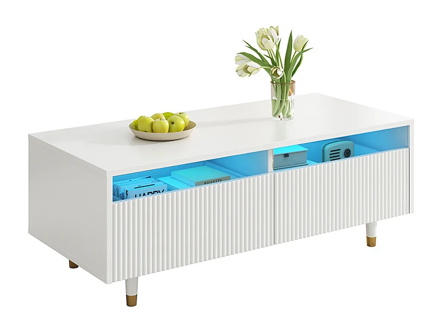 Table basse moderne LED plateau tiroirs ondulé pieds blanc doré 2 tiroirs bande lumineuse couleur variable blanc