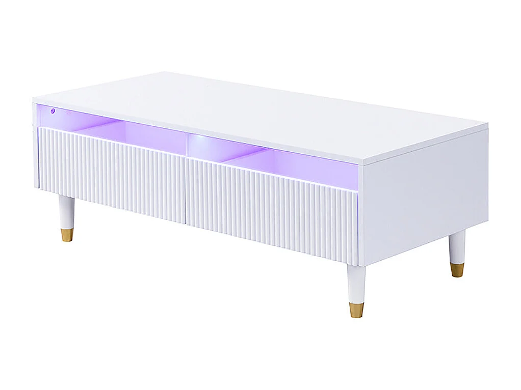 Table basse moderne LED plateau tiroirs ondulé pieds blanc doré 2 tiroirs bande lumineuse couleur variable blanc