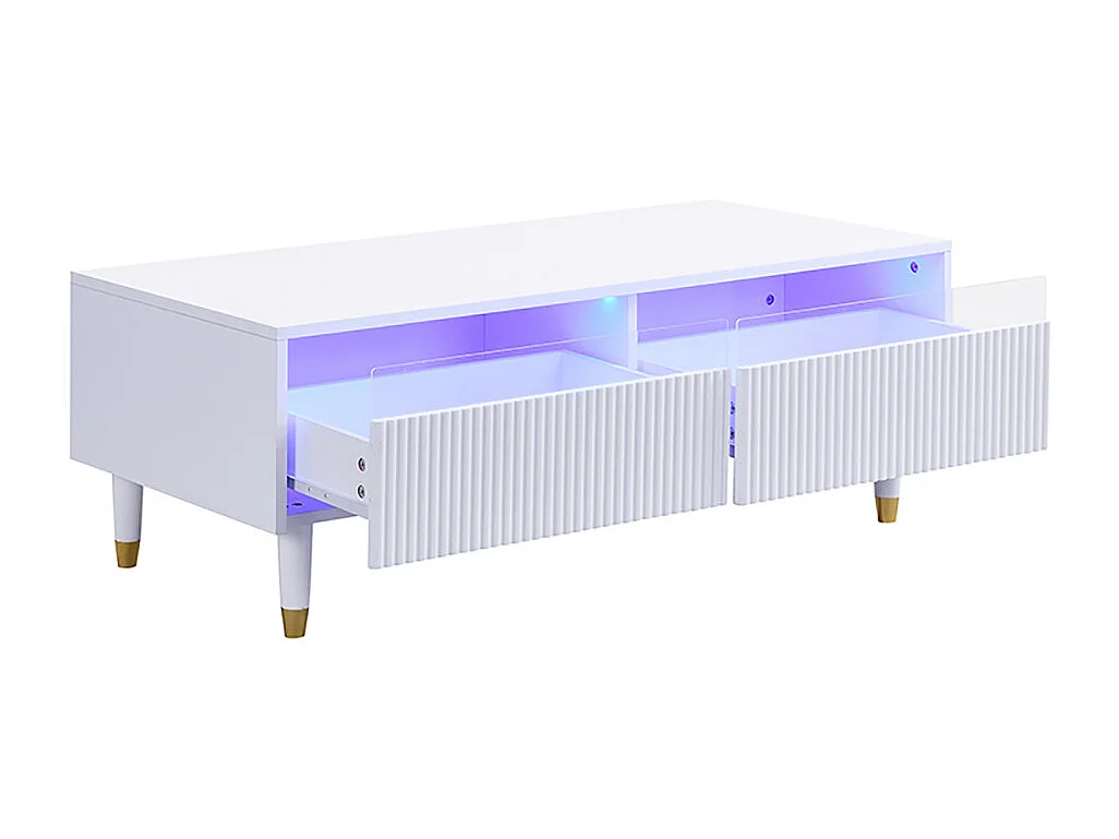 Table basse moderne LED plateau tiroirs ondulé pieds blanc doré 2 tiroirs bande lumineuse couleur variable blanc