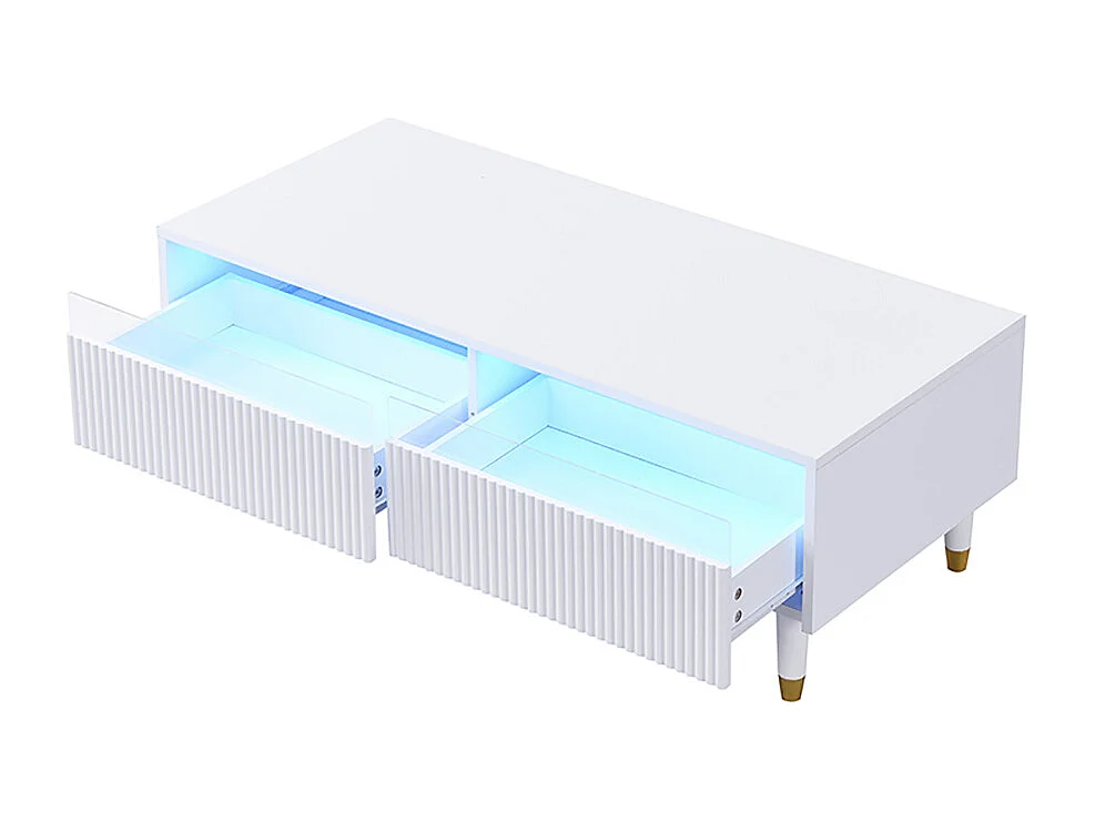 Table basse moderne LED plateau tiroirs ondulé pieds blanc doré 2 tiroirs bande lumineuse couleur variable blanc