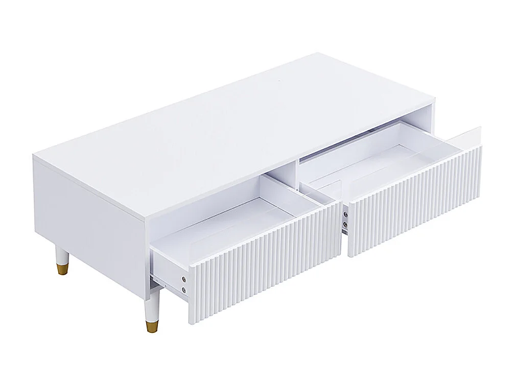 Table basse moderne LED plateau tiroirs ondulé pieds blanc doré 2 tiroirs bande lumineuse couleur variable blanc