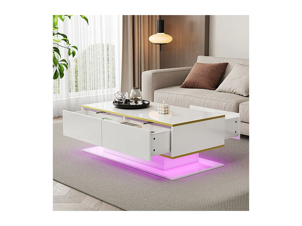 Table basse moderne à LED avec surface brillante ornements dorés trois tiroirs et un compartiment ouvert couleur blanc