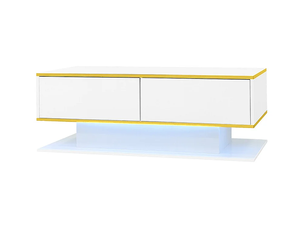 Table basse moderne à LED avec surface brillante ornements dorés trois tiroirs et un compartiment ouvert couleur blanc