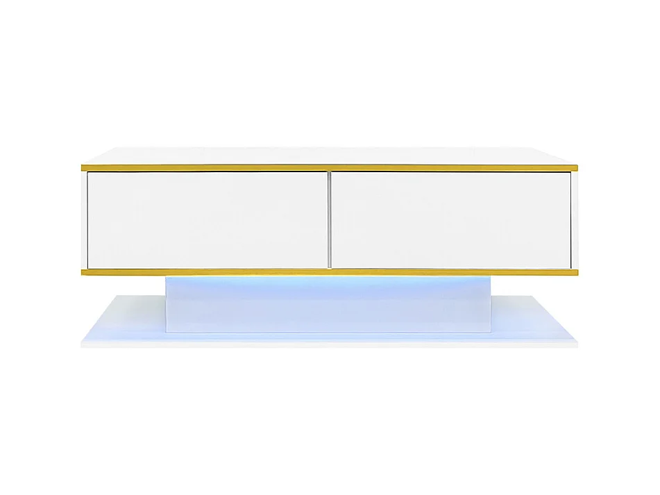 Table basse moderne à LED avec surface brillante ornements dorés trois tiroirs et un compartiment ouvert couleur blanc