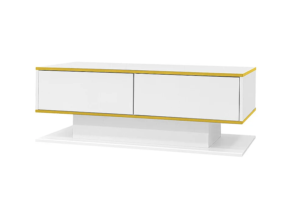 Table basse moderne à LED avec surface brillante ornements dorés trois tiroirs et un compartiment ouvert couleur blanc