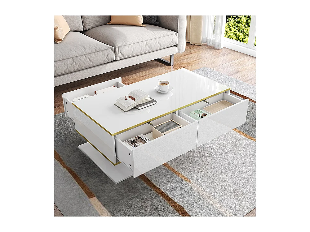 Table basse moderne à LED avec surface brillante ornements dorés trois tiroirs et un compartiment ouvert couleur blanc