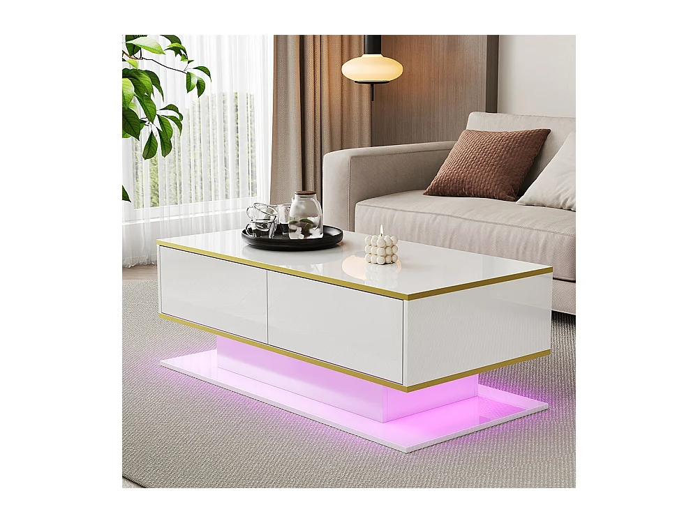 Table basse moderne à LED avec surface brillante ornements dorés trois tiroirs et un compartiment ouvert couleur blanc