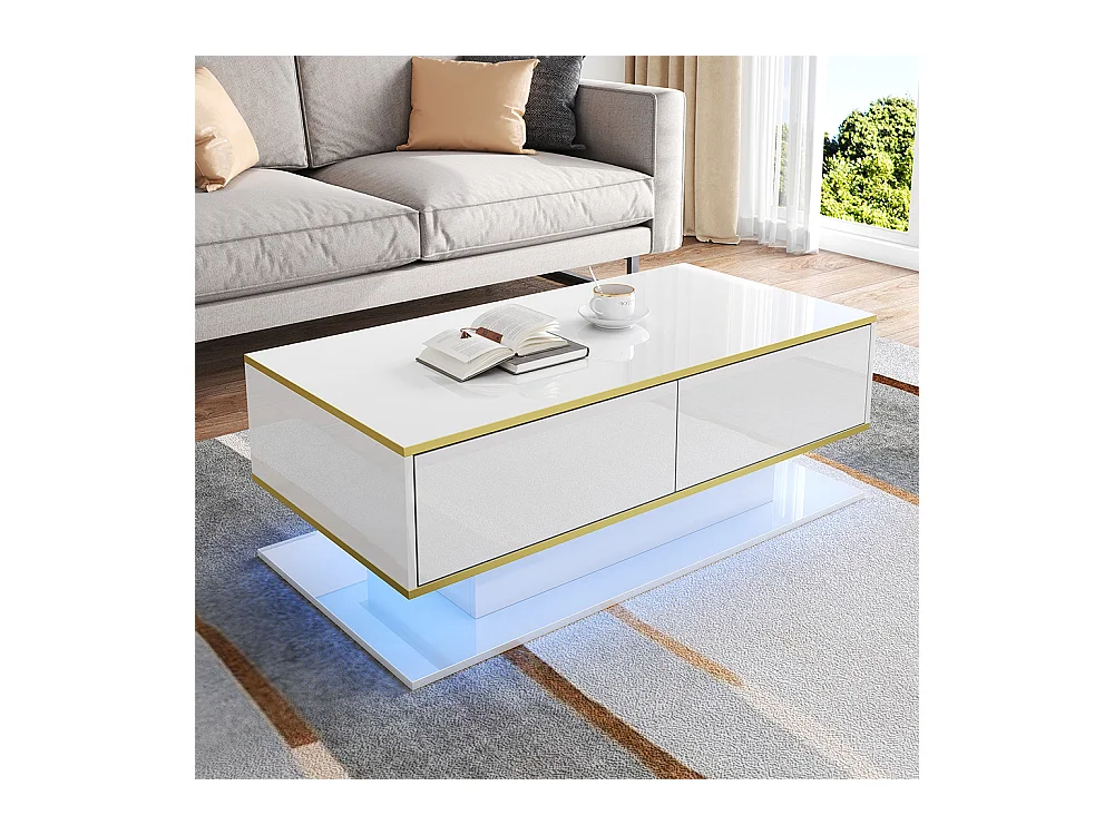 Table basse moderne à LED avec surface brillante ornements dorés trois tiroirs et un compartiment ouvert couleur blanc