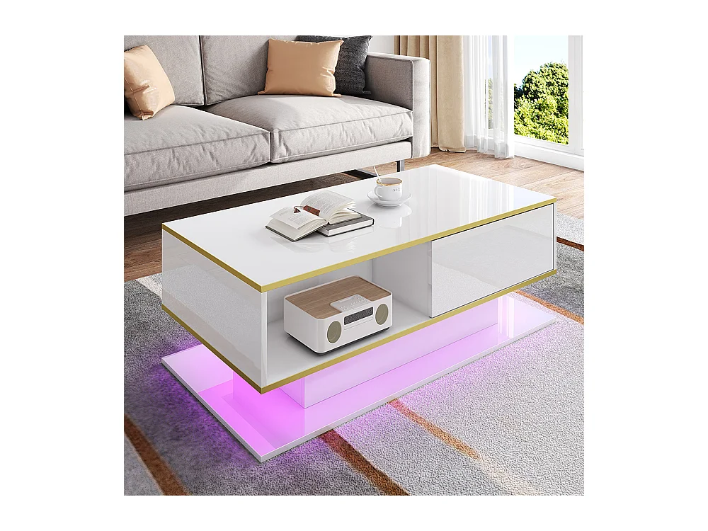 Table basse moderne à LED avec surface brillante ornements dorés trois tiroirs et un compartiment ouvert couleur blanc