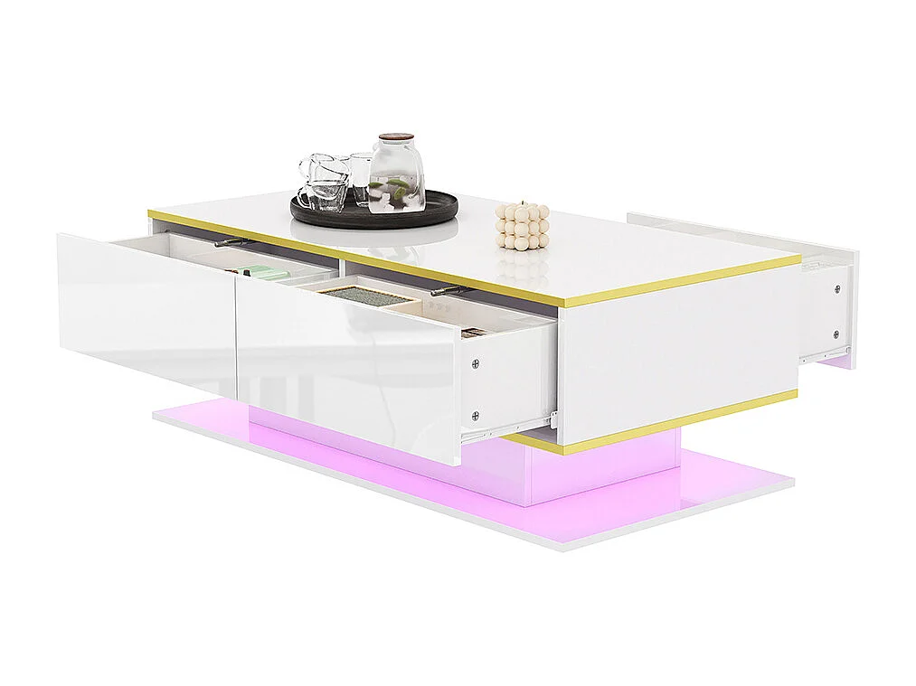 Table basse moderne à LED avec surface brillante ornements dorés trois tiroirs et un compartiment ouvert couleur blanc