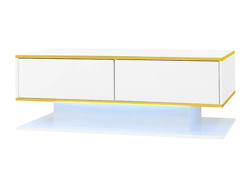 Table basse moderne à LED avec surface brillante ornements dorés trois tiroirs et un compartiment ouvert couleur blanc