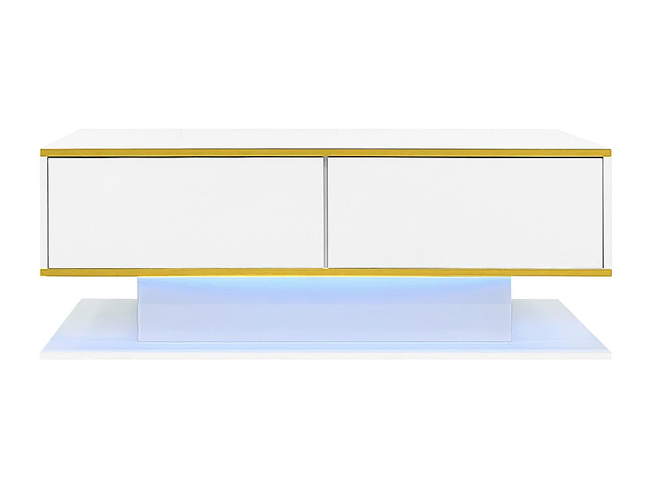 Table basse moderne à LED avec surface brillante ornements dorés trois tiroirs et un compartiment ouvert couleur blanc