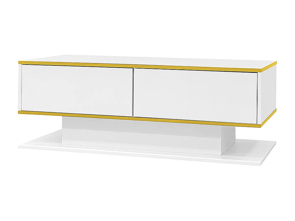 Table basse moderne à LED avec surface brillante ornements dorés trois tiroirs et un compartiment ouvert couleur blanc