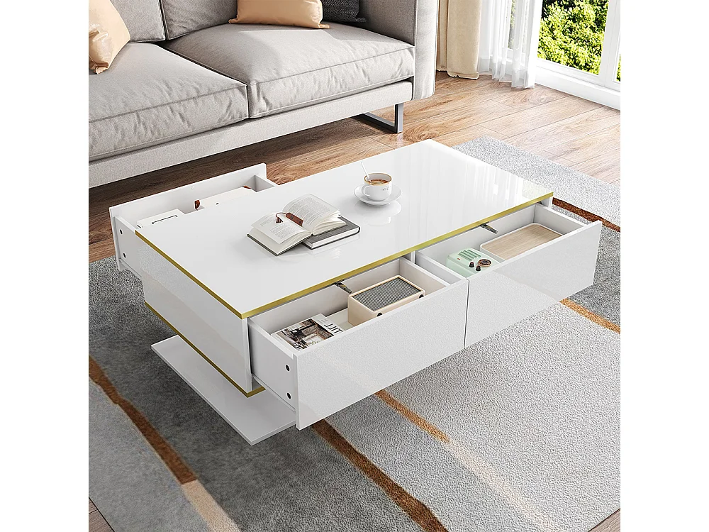 Table basse moderne à LED avec surface brillante ornements dorés trois tiroirs et un compartiment ouvert couleur blanc