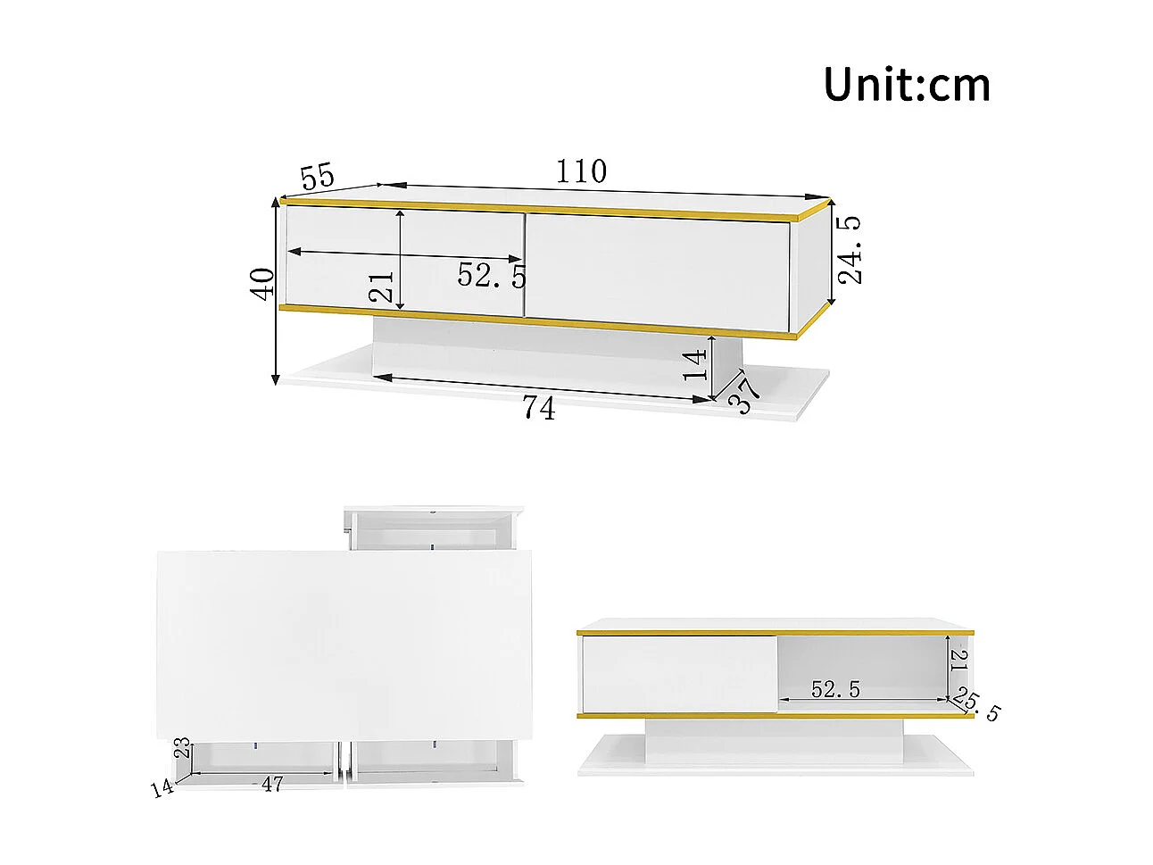 Table basse moderne à LED avec surface brillante ornements dorés trois tiroirs et un compartiment ouvert couleur blanc