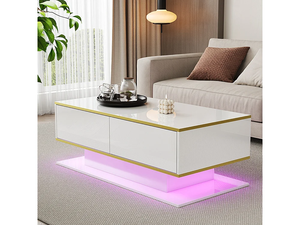 Table basse moderne à LED avec surface brillante ornements dorés trois tiroirs et un compartiment ouvert couleur blanc