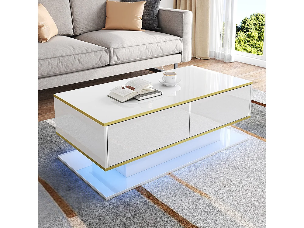 Table basse moderne à LED avec surface brillante ornements dorés trois tiroirs et un compartiment ouvert couleur blanc