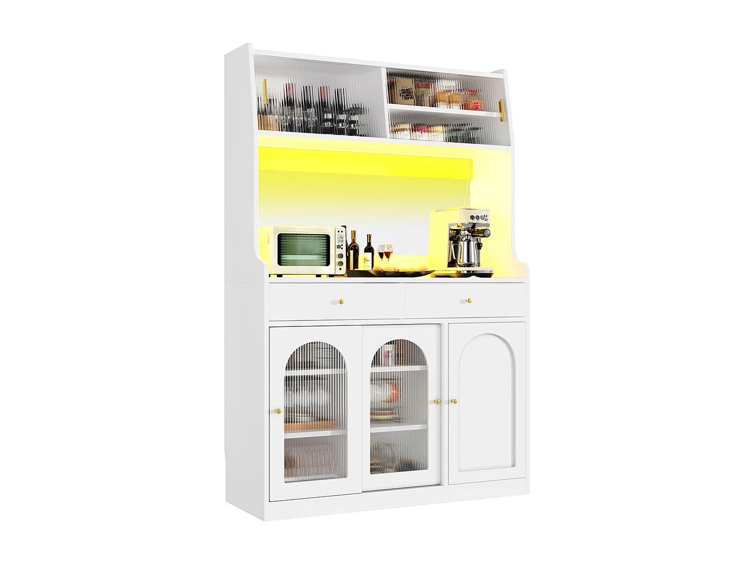 Buffet haut vitrine étagères réglables armoire salle à manger 2 tiroirs éclairage LED couleurs lumière variables blanc