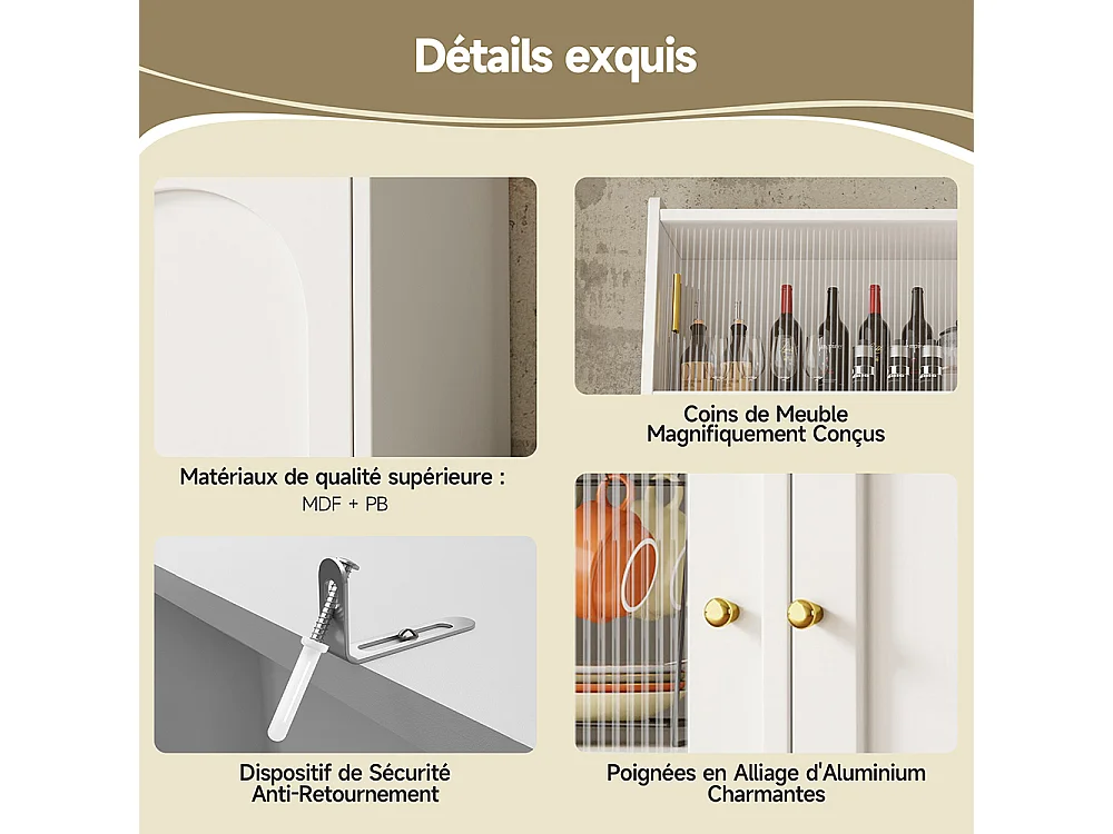 Buffet haut vitrine étagères réglables armoire salle à manger 2 tiroirs éclairage LED couleurs lumière variables blanc