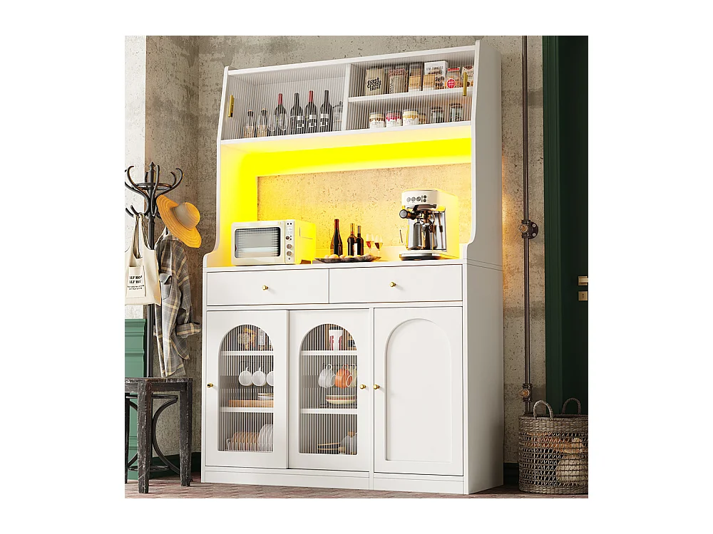 Buffet haut vitrine étagères réglables armoire salle à manger 2 tiroirs éclairage LED couleurs lumière variables blanc