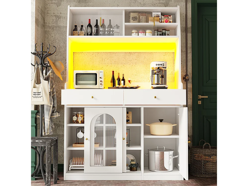 Buffet haut vitrine étagères réglables armoire salle à manger 2 tiroirs éclairage LED couleurs lumière variables blanc