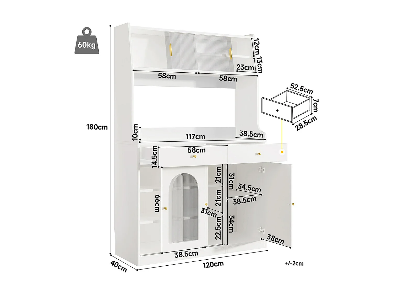 Buffet haut vitrine étagères réglables armoire salle à manger 2 tiroirs éclairage LED couleurs lumière variables blanc
