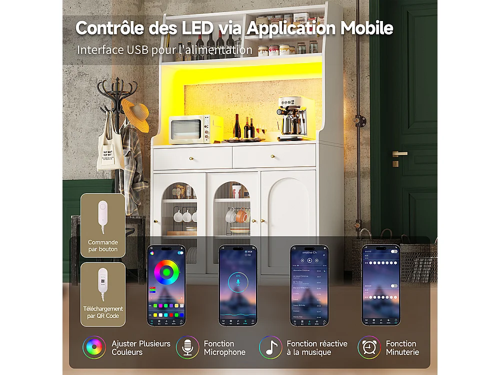 Buffet haut vitrine étagères réglables armoire salle à manger 2 tiroirs éclairage LED couleurs lumière variables blanc