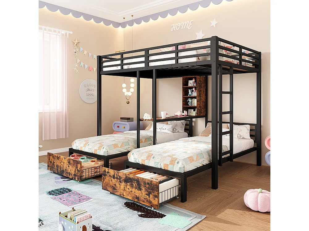Lit superposé 140x200 cm + 90x200 cm 3 lits avec barrières latérales avec compartiments de rangement 2 tiroirs étagères noir