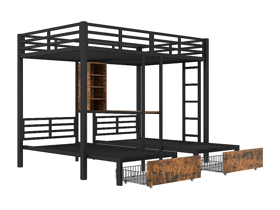 Lit superposé 140x200 cm + 90x200 cm 3 lits avec barrières latérales avec compartiments de rangement 2 tiroirs étagères noir