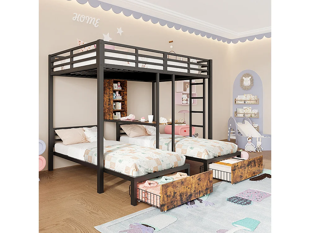 Lit superposé 140x200 cm + 90x200 cm 3 lits avec barrières latérales avec compartiments de rangement 2 tiroirs étagères noir