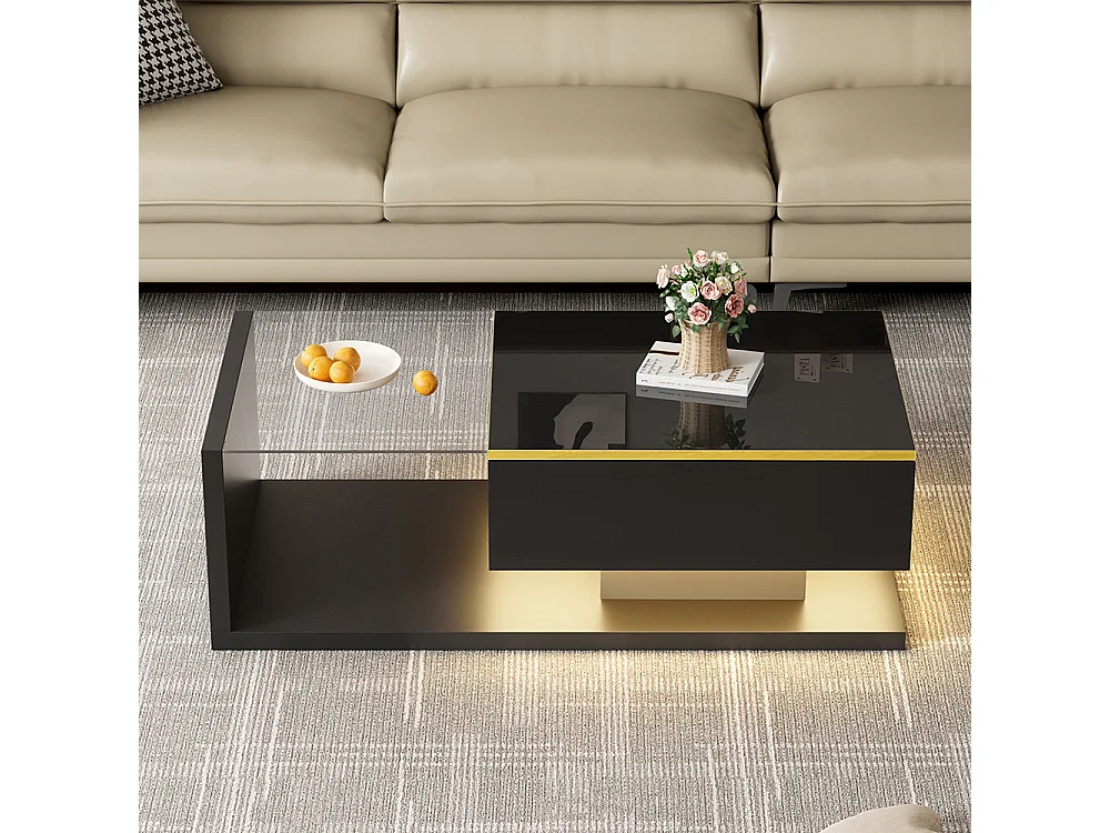 Table basse noir brillant tables d'appoint tables basses avec verre et effet LED