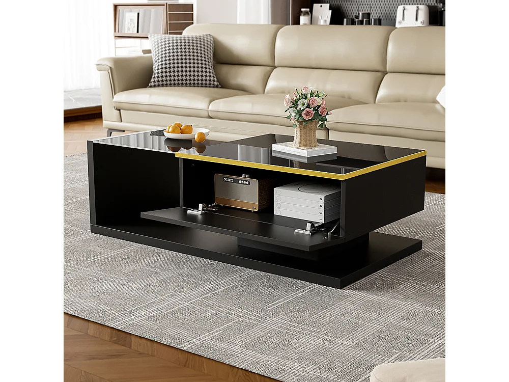 Table basse noir brillant tables d'appoint tables basses avec verre et effet LED
