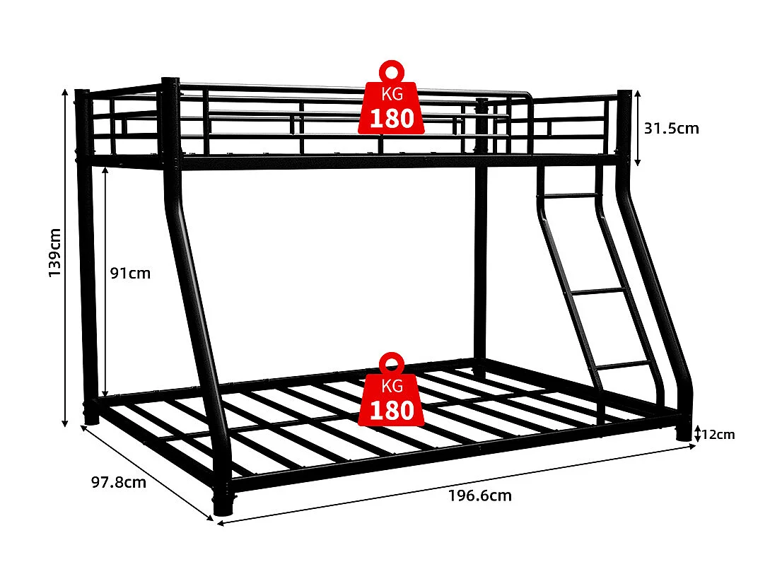 Lit superposé 90x190 métallique Twin sur Full robuste échelle garde-corps silencieux adolescents adultes noir