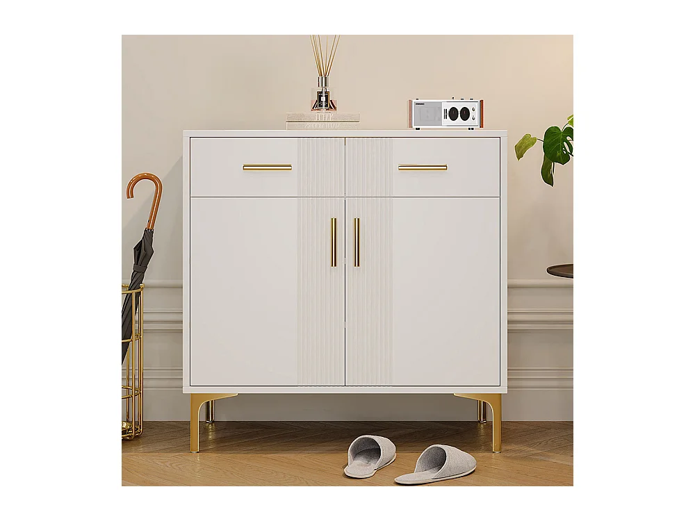 Buffet 2 portes 2 tiroirs blanc commode rangement salon couloir salle à manger poignées métalliques pieds métal