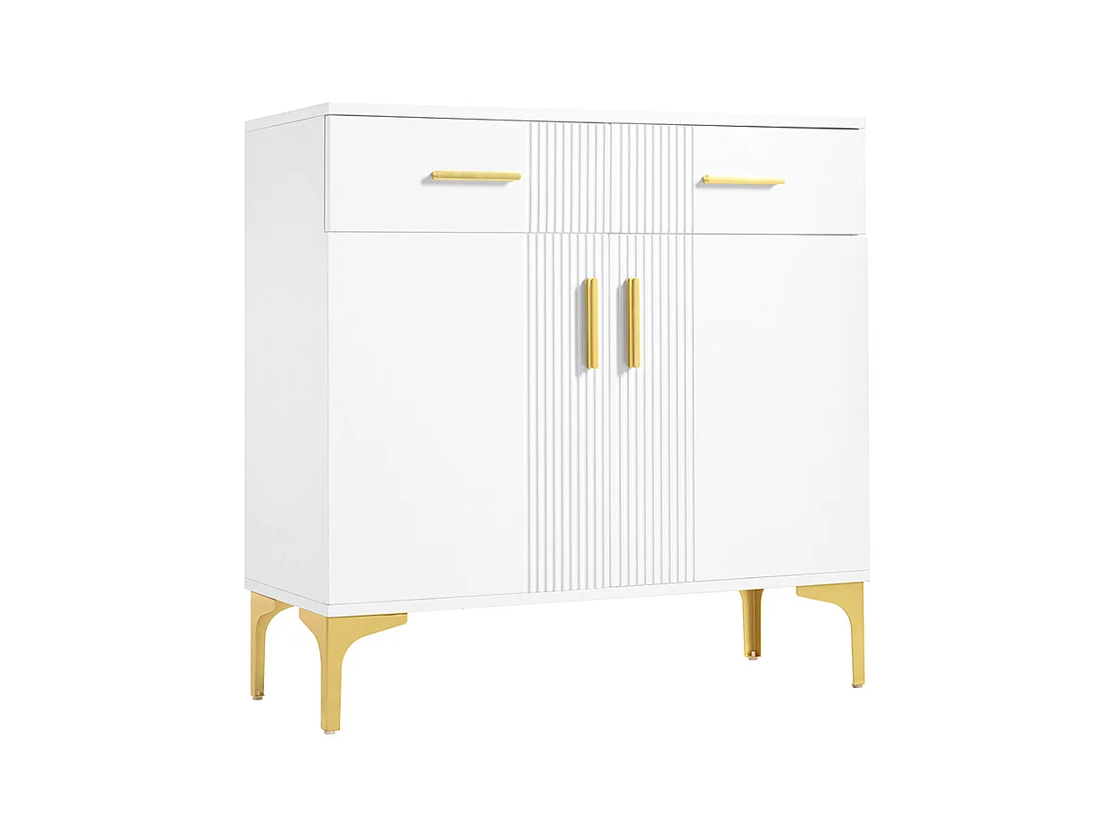 Buffet 2 portes 2 tiroirs blanc commode rangement salon couloir salle à manger poignées métalliques pieds métal