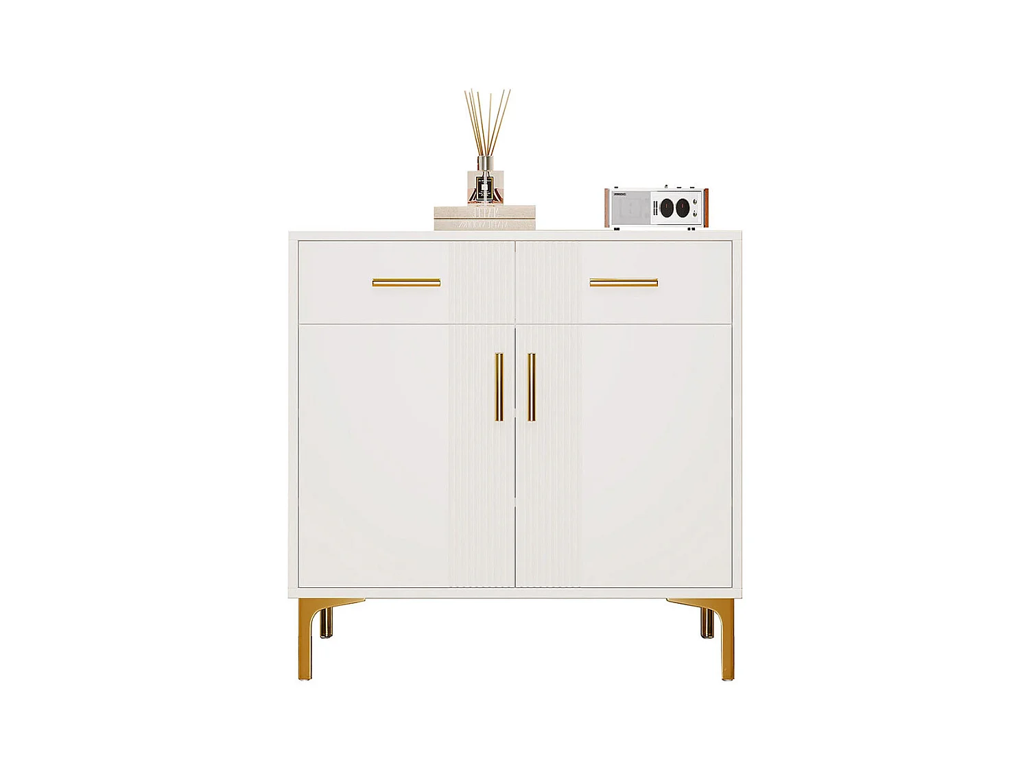 Buffet 2 portes 2 tiroirs blanc commode rangement salon couloir salle à manger poignées métalliques pieds métal