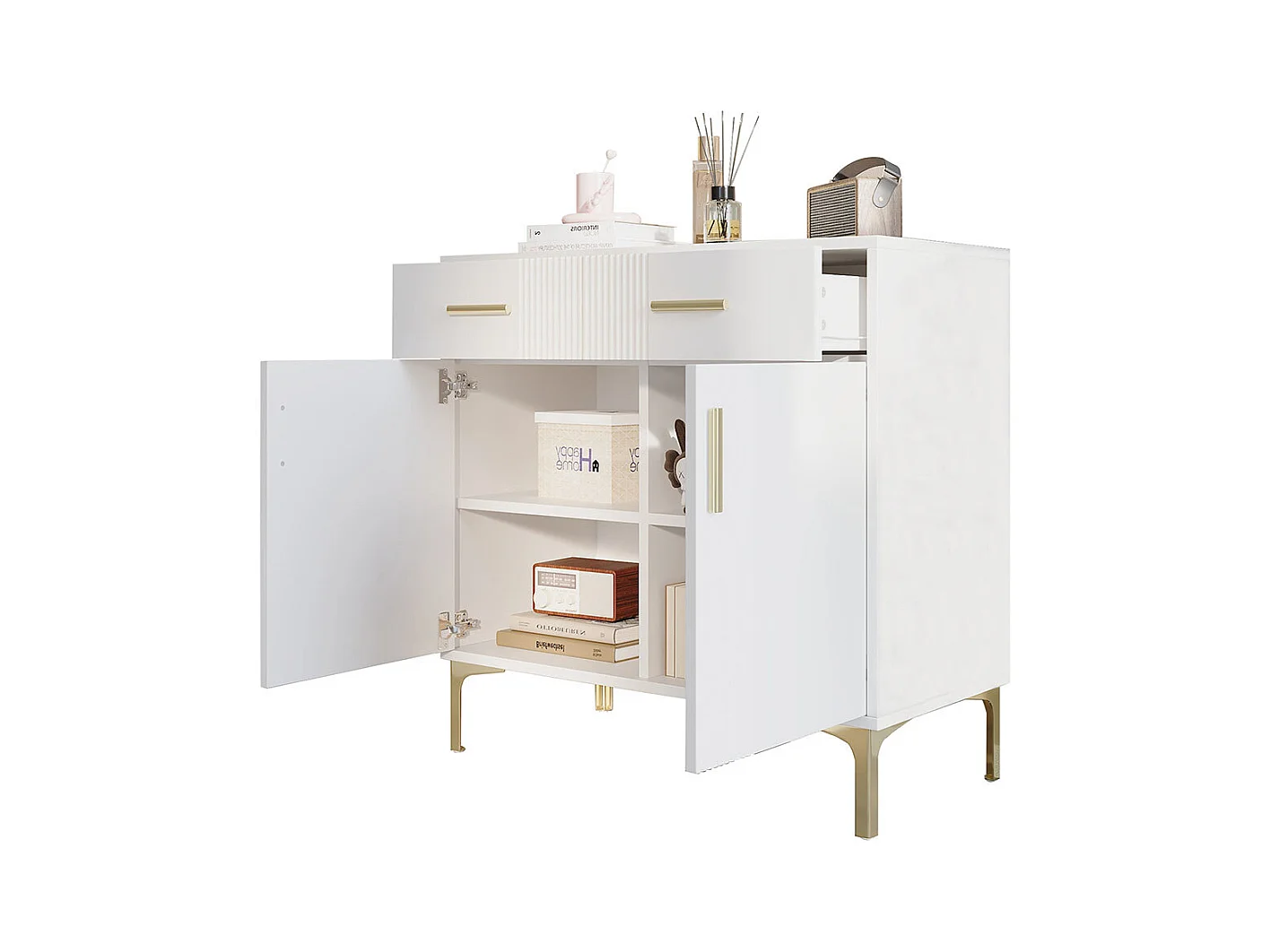 Buffet 2 portes 2 tiroirs blanc commode rangement salon couloir salle à manger poignées métalliques pieds métal