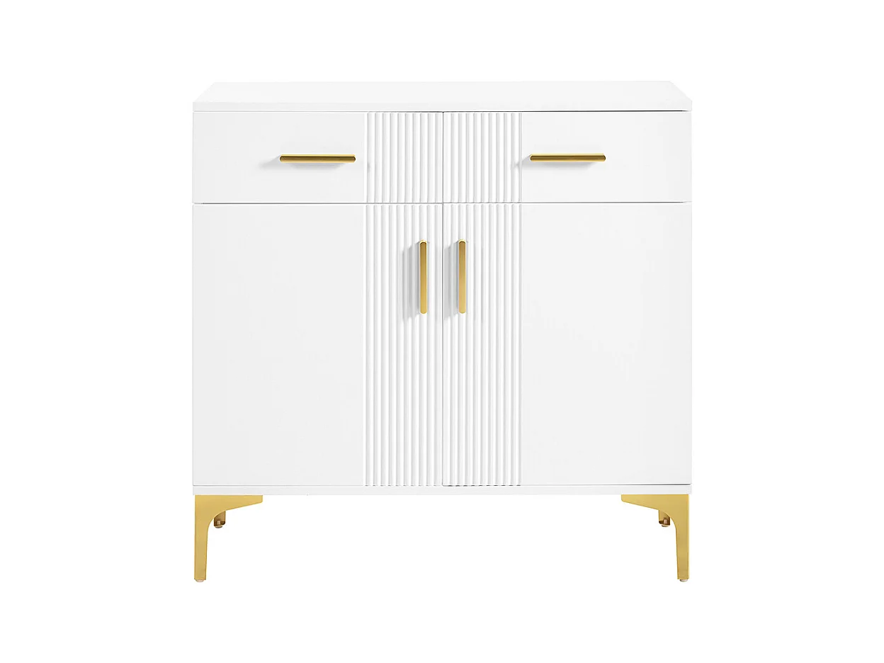 Buffet 2 portes 2 tiroirs blanc commode rangement salon couloir salle à manger poignées métalliques pieds métal