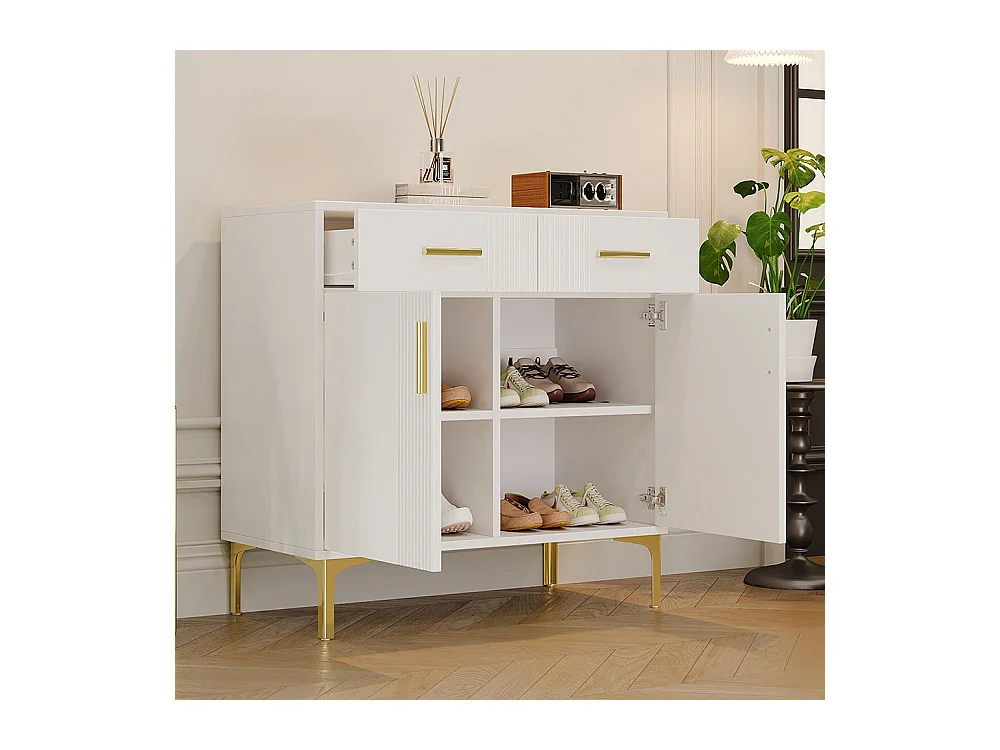 Buffet 2 portes 2 tiroirs blanc commode rangement salon couloir salle à manger poignées métalliques pieds métal