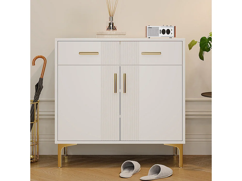 Buffet 2 portes 2 tiroirs blanc commode rangement salon couloir salle à manger poignées métalliques pieds métal