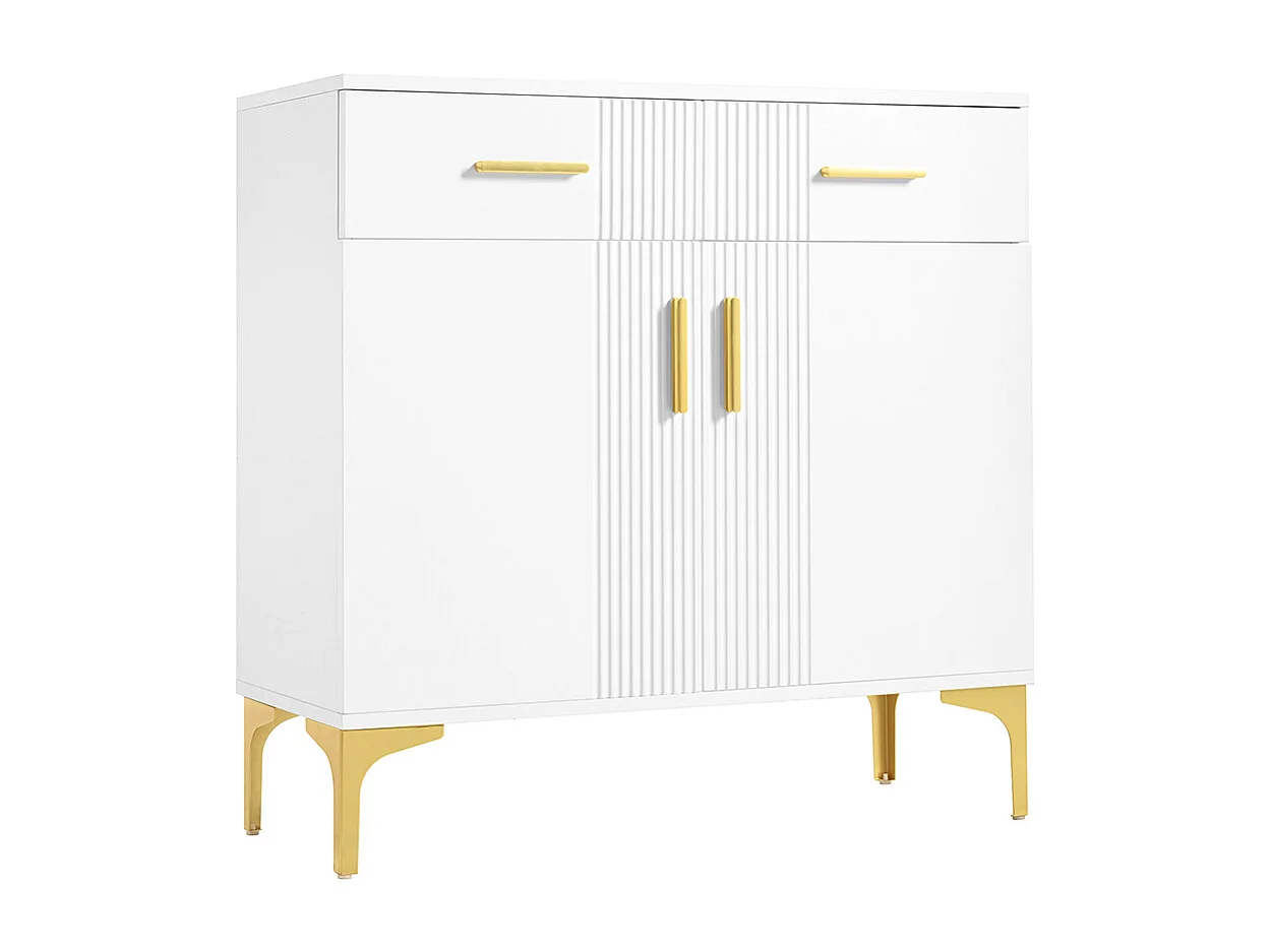 Buffet 2 portes 2 tiroirs blanc commode rangement salon couloir salle à manger poignées métalliques pieds métal