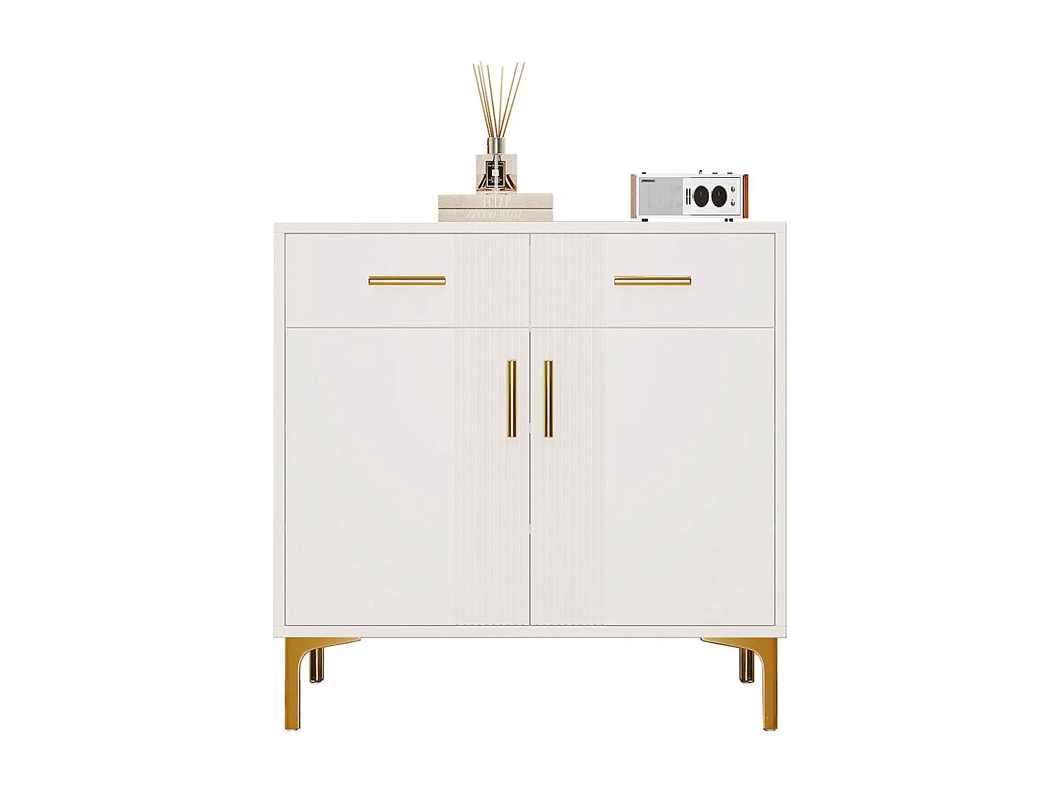 Buffet 2 portes 2 tiroirs blanc commode rangement salon couloir salle à manger poignées métalliques pieds métal