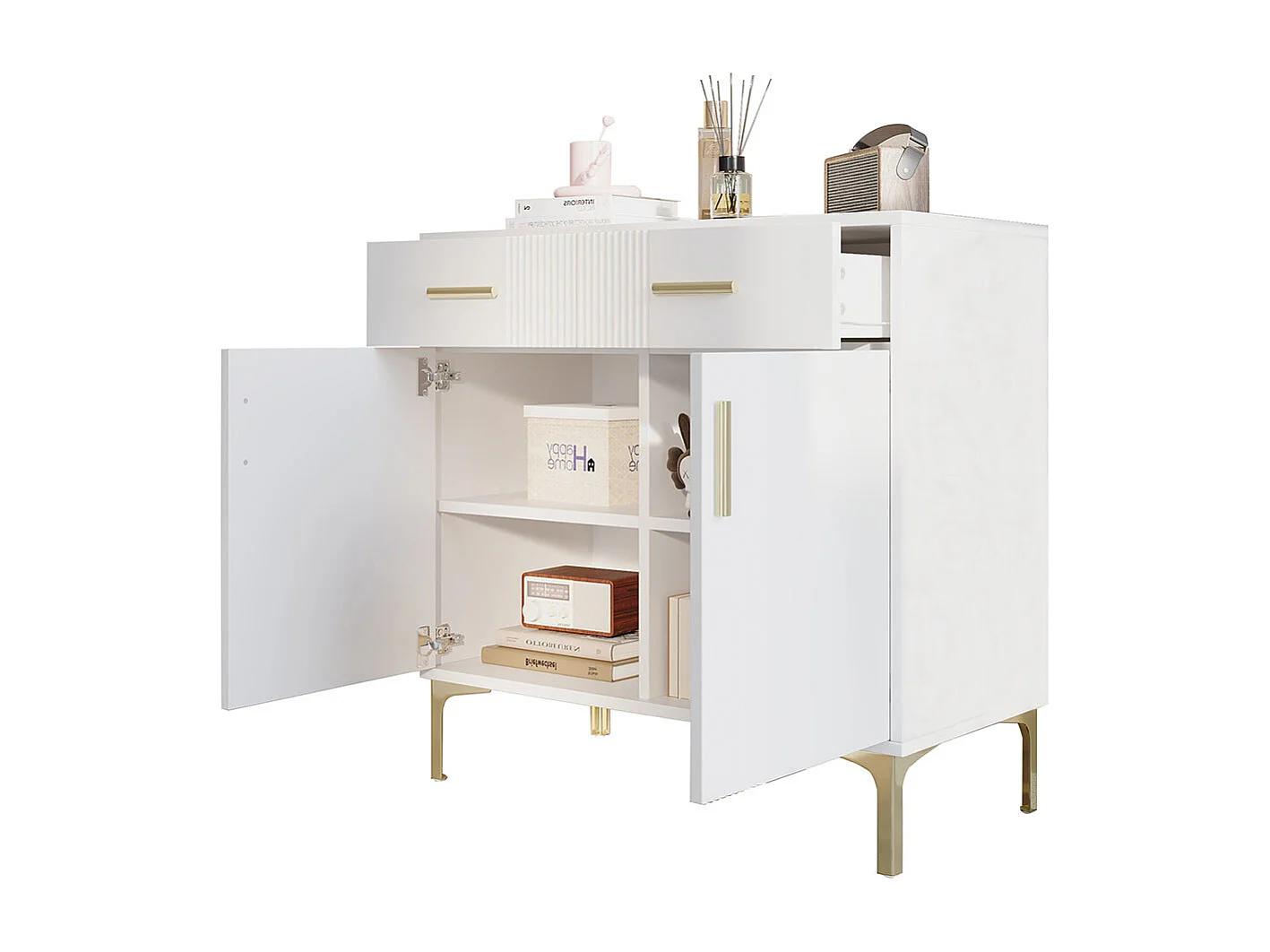 Buffet 2 portes 2 tiroirs blanc commode rangement salon couloir salle à manger poignées métalliques pieds métal