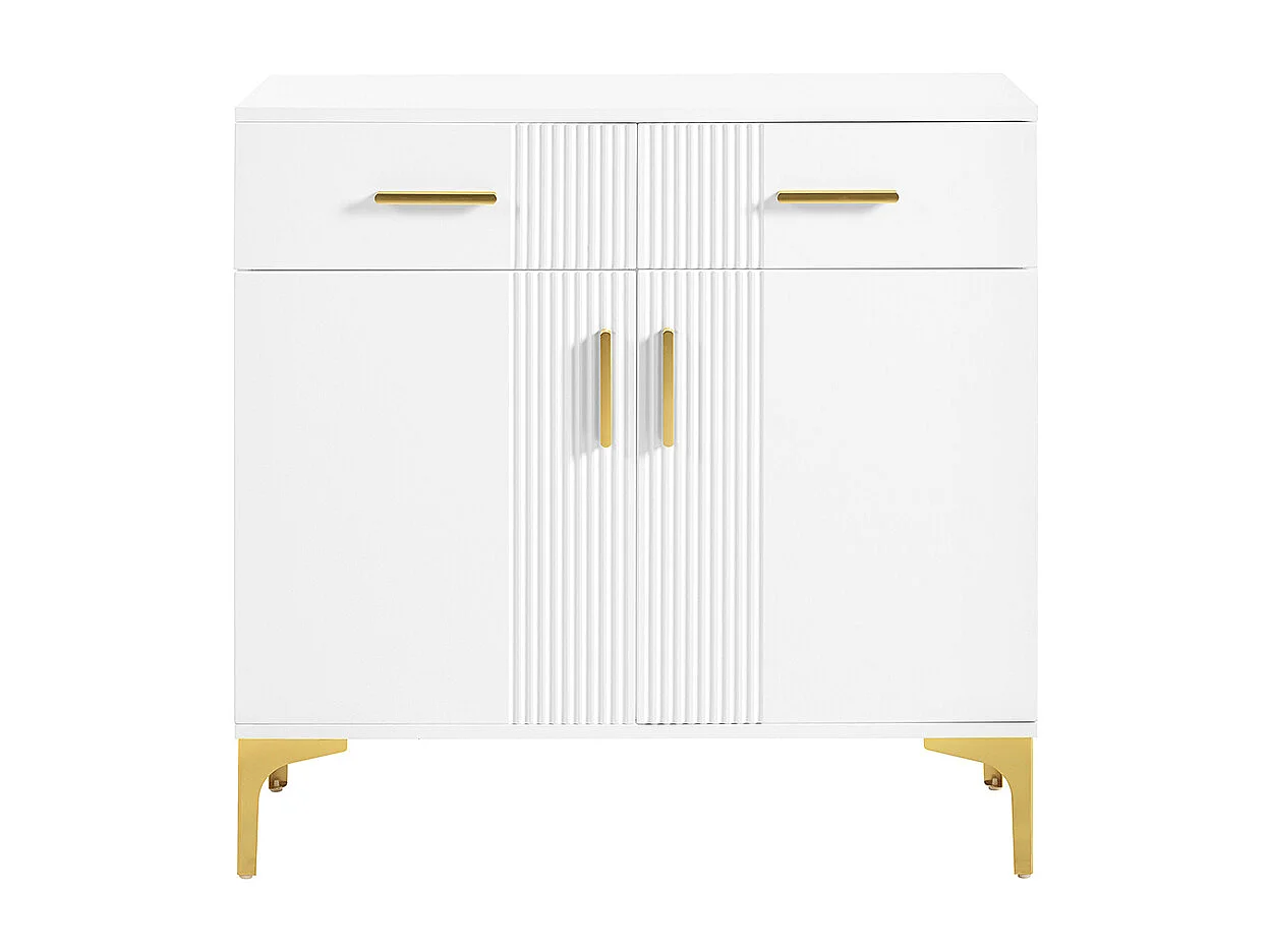 Buffet 2 portes 2 tiroirs blanc commode rangement salon couloir salle à manger poignées métalliques pieds métal