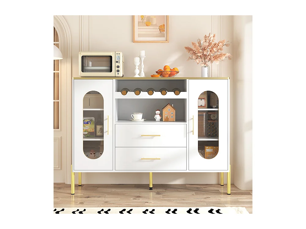 Buffet blanc verre casier bouteilles salon salle à manger pieds réglables espace rangement design moderne