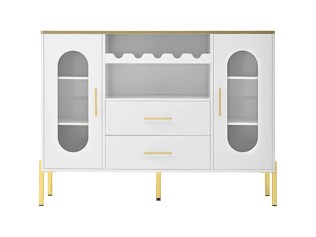 Buffet blanc verre casier bouteilles salon salle à manger pieds réglables espace rangement design moderne